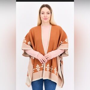 Warm & Cozy - Women's Rust Aztec-Trim Open Front Poncho Sweater